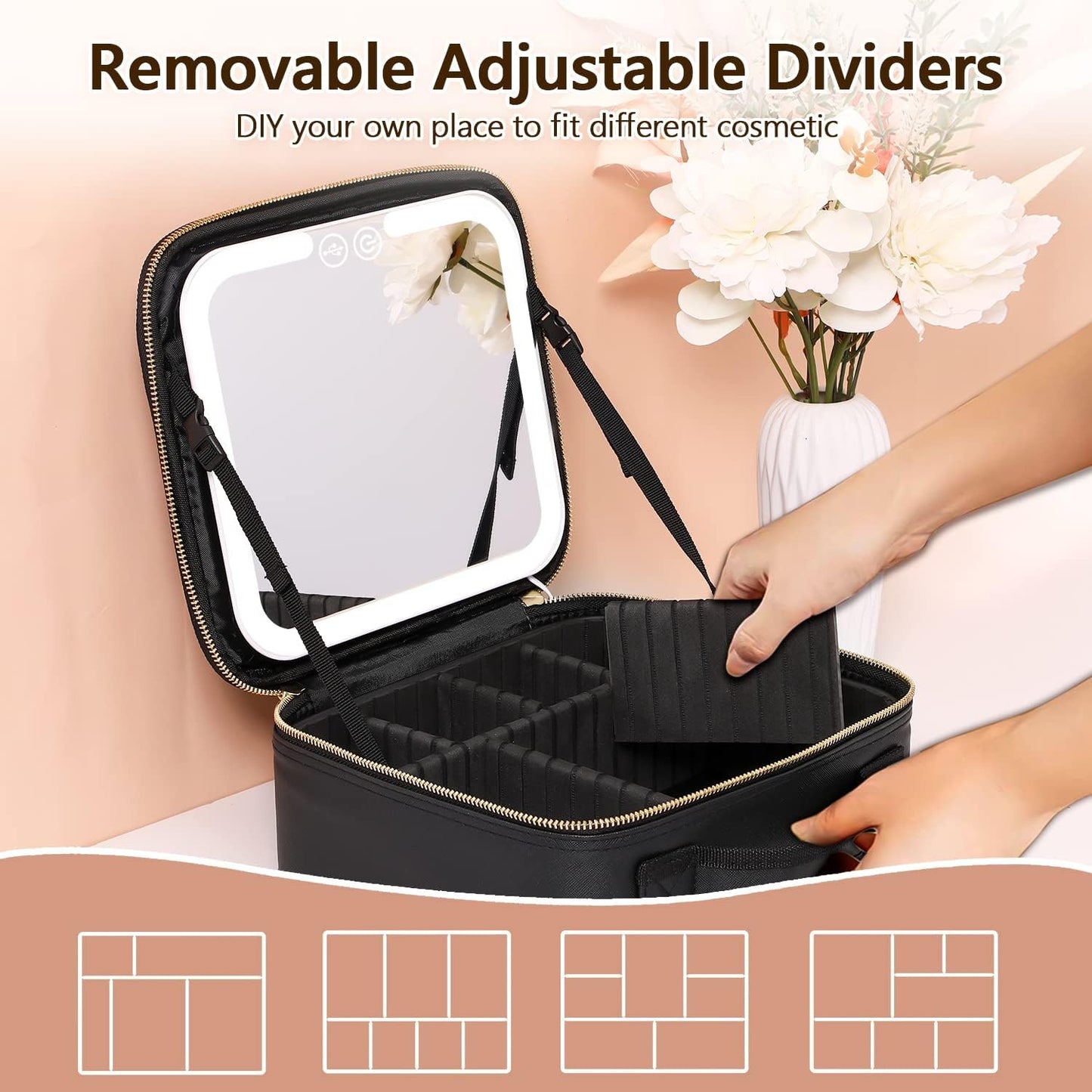 RoyaleGlow Makeup Bag with Mirror and Lights for Travel