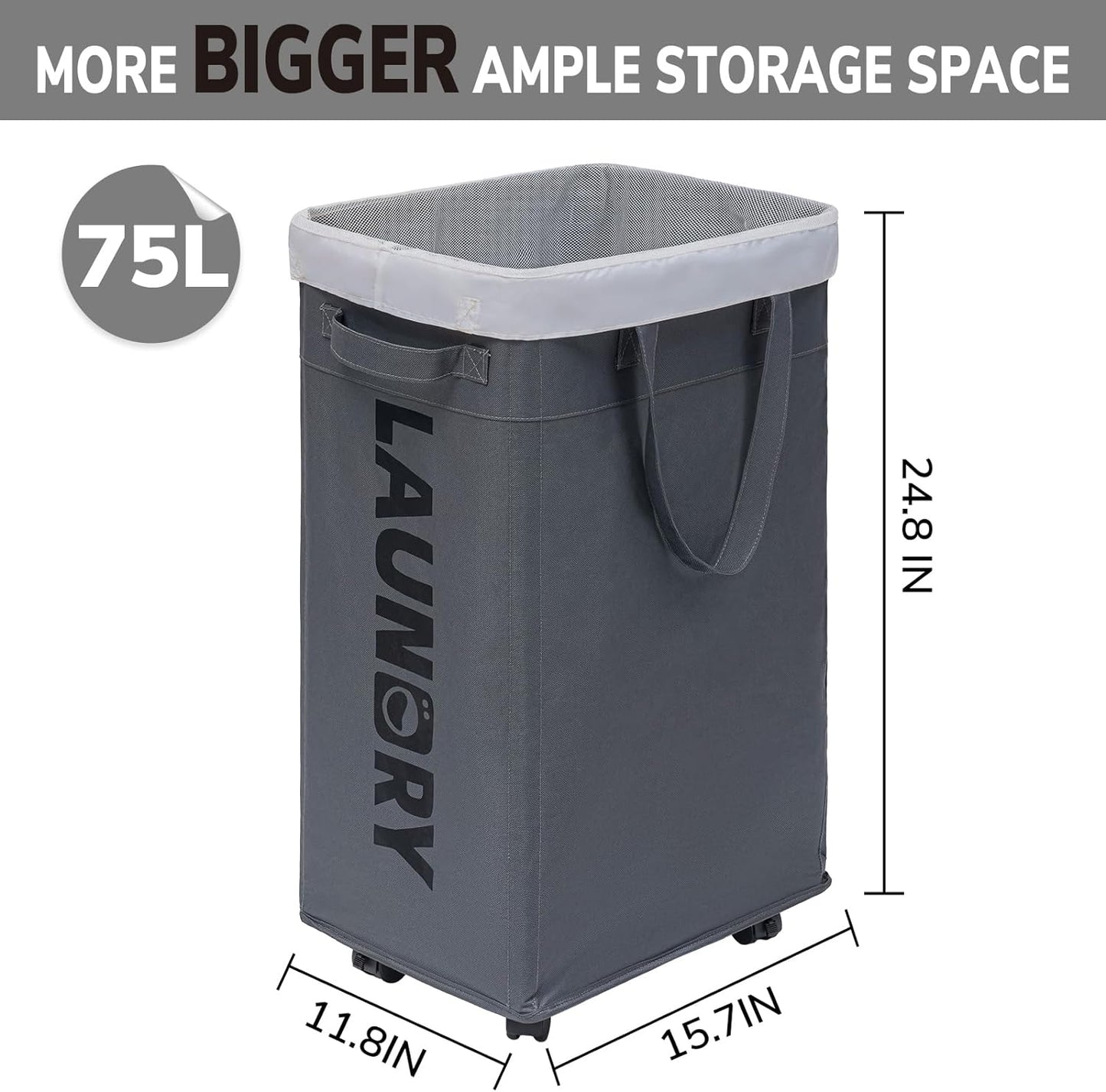 RoyaleGlow 75L Collapsible Large Laundry Basket with Wheels