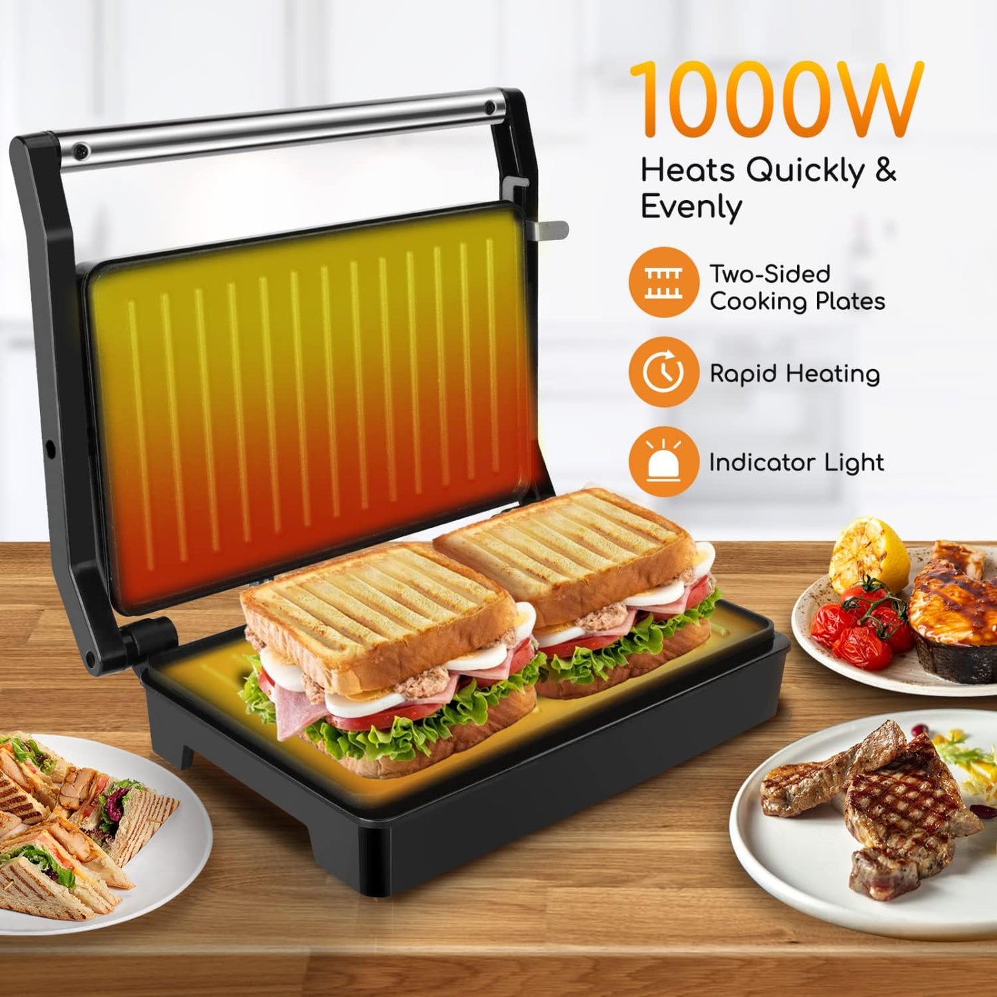 RoyaleGlow Panini Press Sandwich Maker With Non-Stick Plates