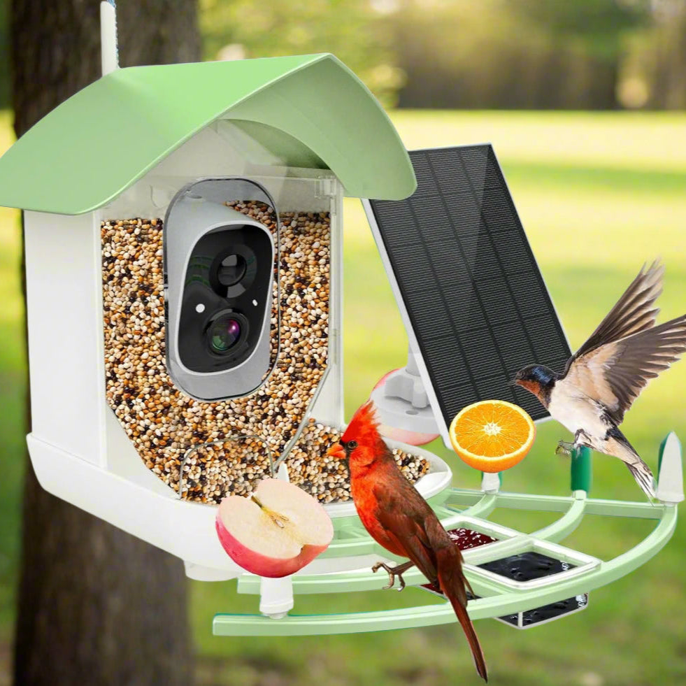 Smart bird feeder camera with 1080p HD, solar panel, AI bird recognition, night vision, and mobile app connectivity for real-time bird watching.