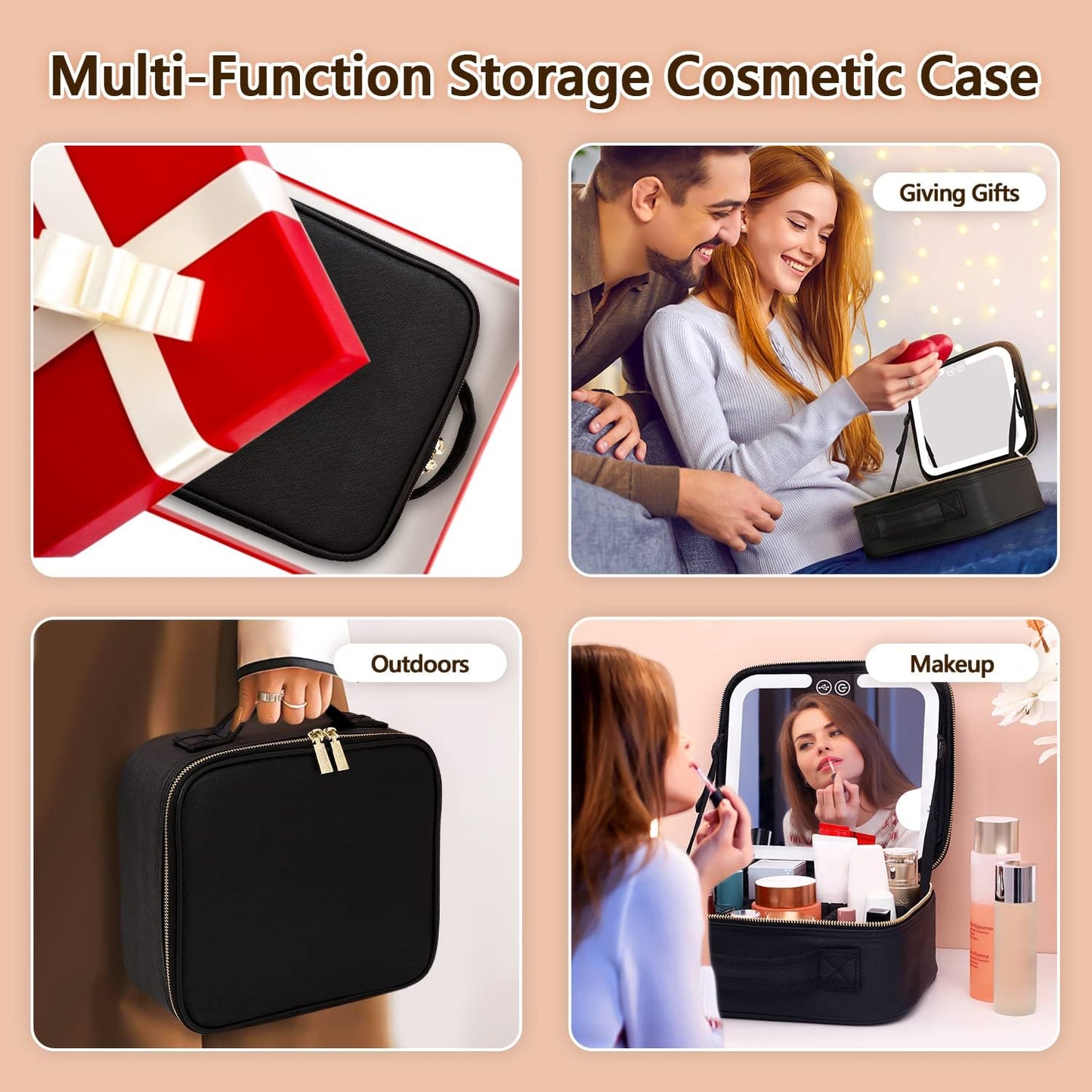 RoyaleGlow Makeup Bag with Mirror and Lights for Travel