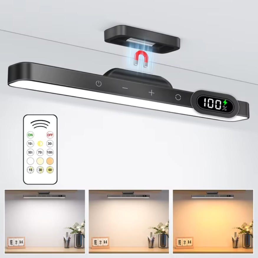 Portable LED Desk Light Bar - Magnetic, Remote Dimmable with 3 Color Modes - Black