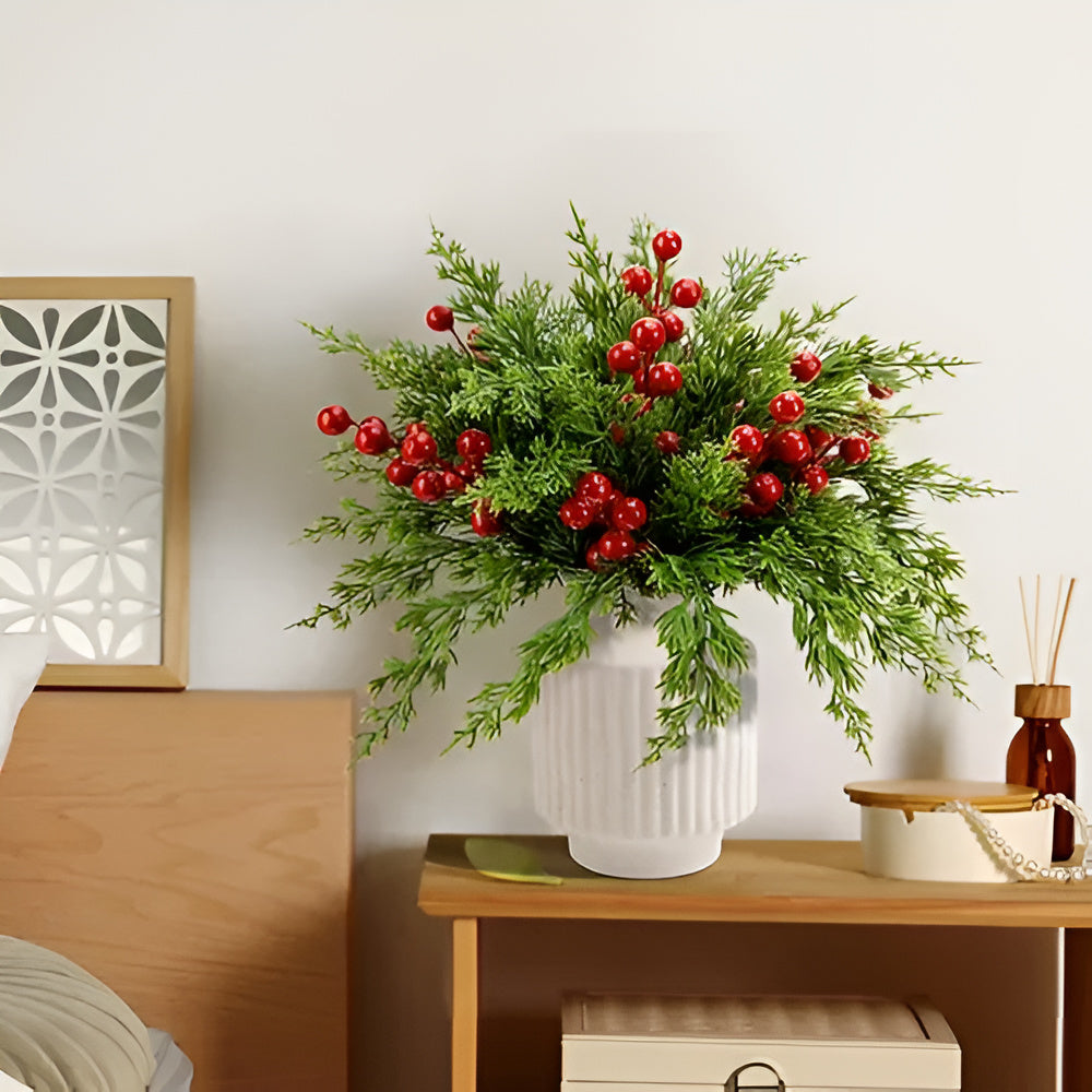 RoyaleGlow Artificial Pine Branches with Red Berries 35 Pcs