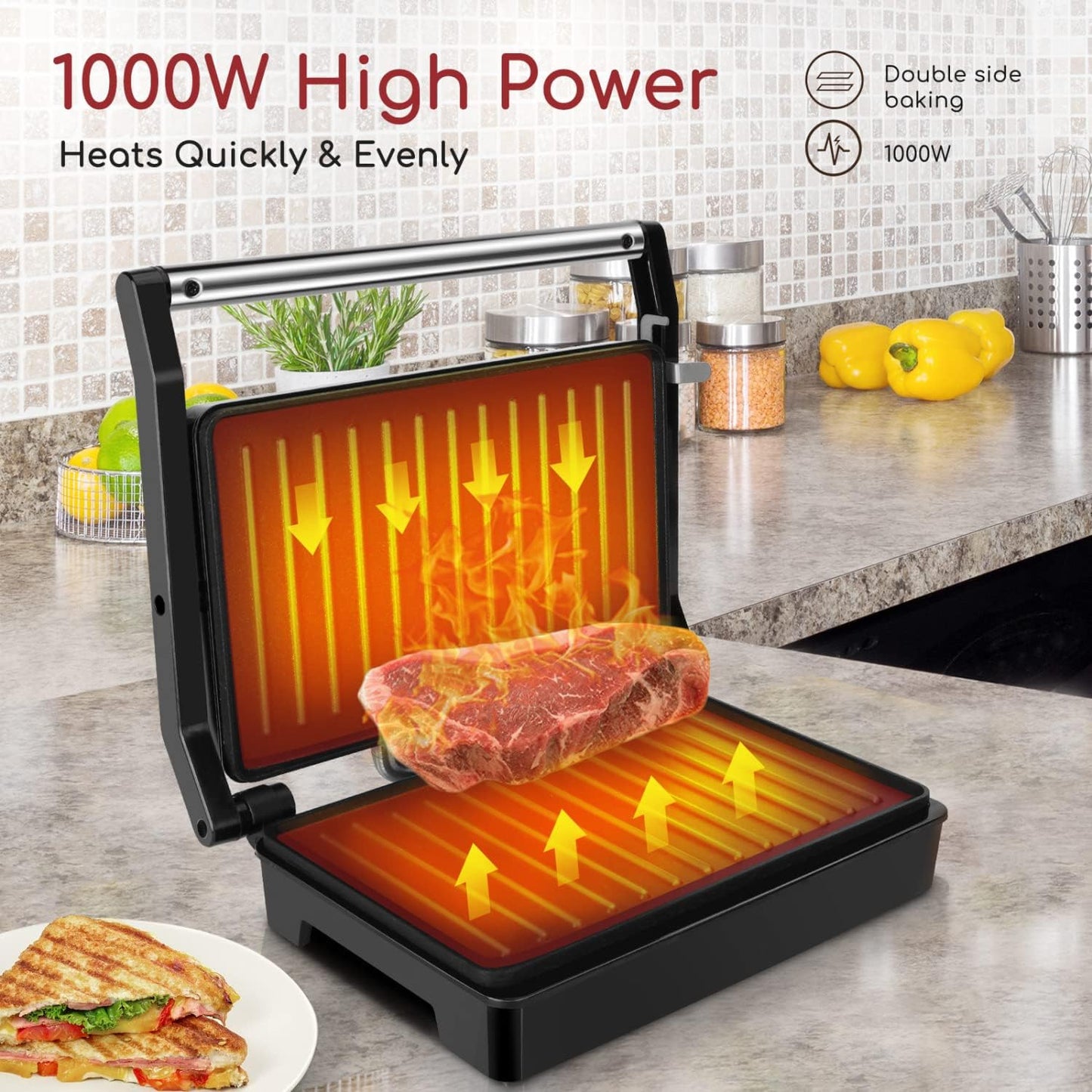 RoyaleGlow Panini Press Sandwich Maker With Non-Stick Plates