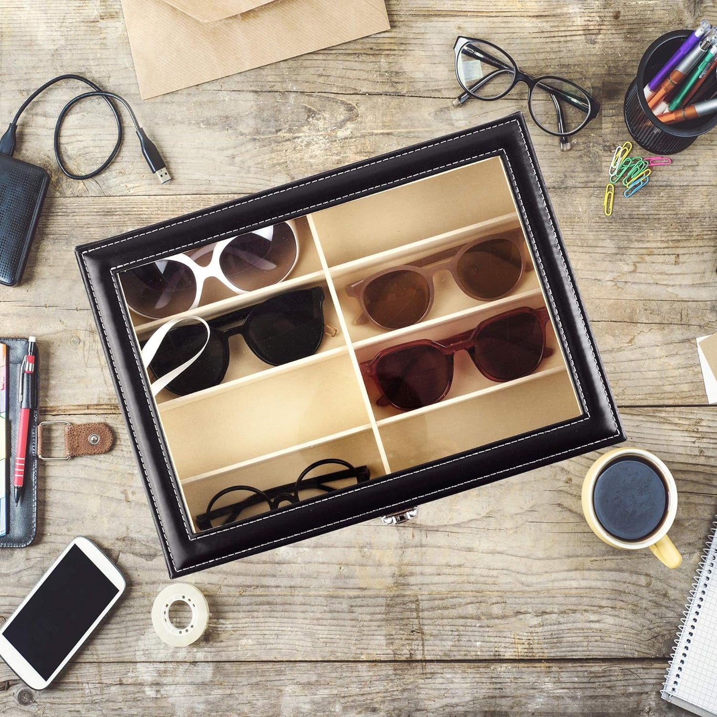 Luxora Sunglass Organizer Storage - 8 Slot Leather Case