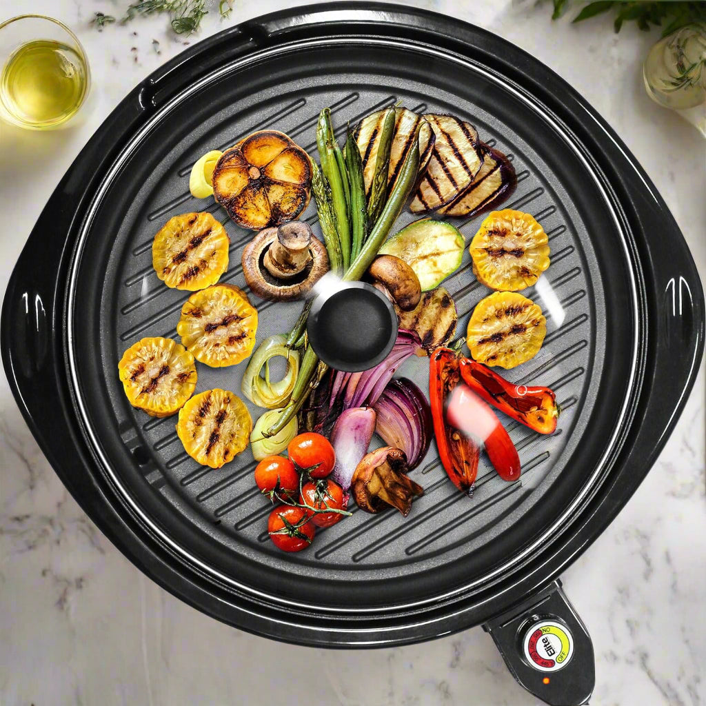 Smokeless electric tabletop grill with 14-inch nonstick surface, glass lid, and adjustable temperature control for indoor BBQ cooking.