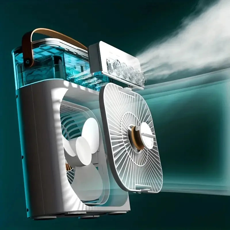 Portable 5-hole mini air cooler fan with 600ml water tank, 3-speed settings, USB-powered, silent operation, humidifier and cooling function for home, office, or travel use.
