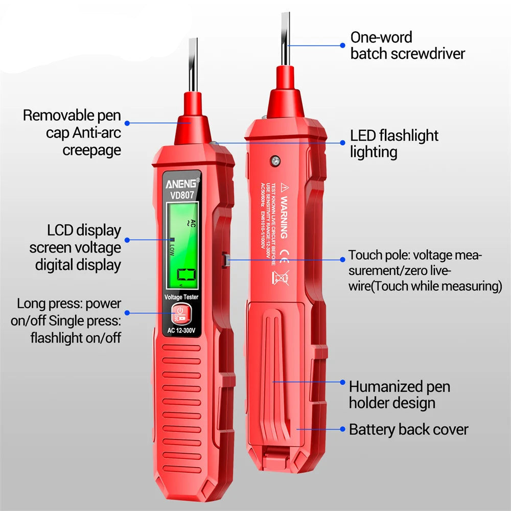 ANENG VD807 One-word Induction Portable 50/60Hz Smart Electric Pen Tester NCV Sensor AC 12-300V Non-contact Wire Detector Tools 4