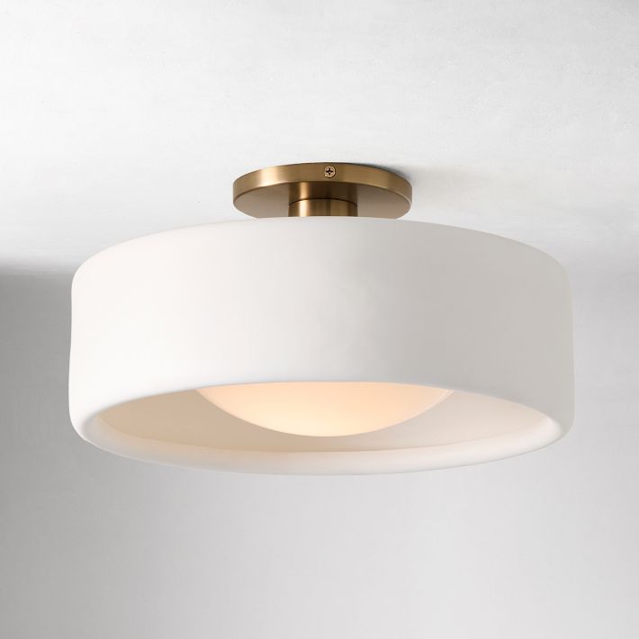 LuxRoyale Modern White Porcelain Semi-Flush Mount Ceiling Light with Brass Accent