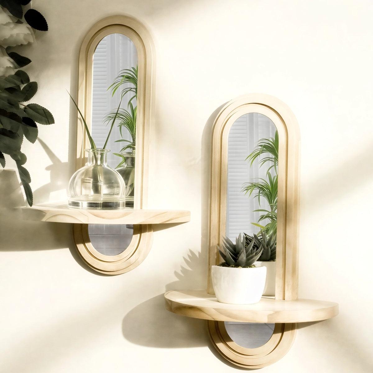 RoyaleGlow Moderner Bogen-Wandspiegel mit integriertem Holzregal – Royale Basic