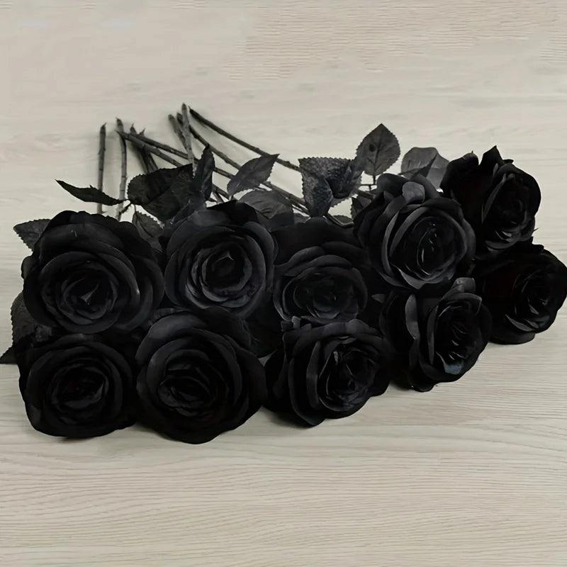 Artificial Black Roses Fake Flowers, Long Stem, with No Container, for Halloween, Home Decor, Wedding Party, Tabletop 0