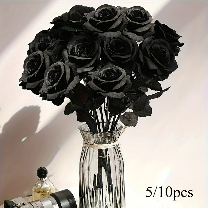 Artificial Black Roses Fake Flowers, Long Stem, with No Container, for Halloween, Home Decor, Wedding Party, Tabletop 1