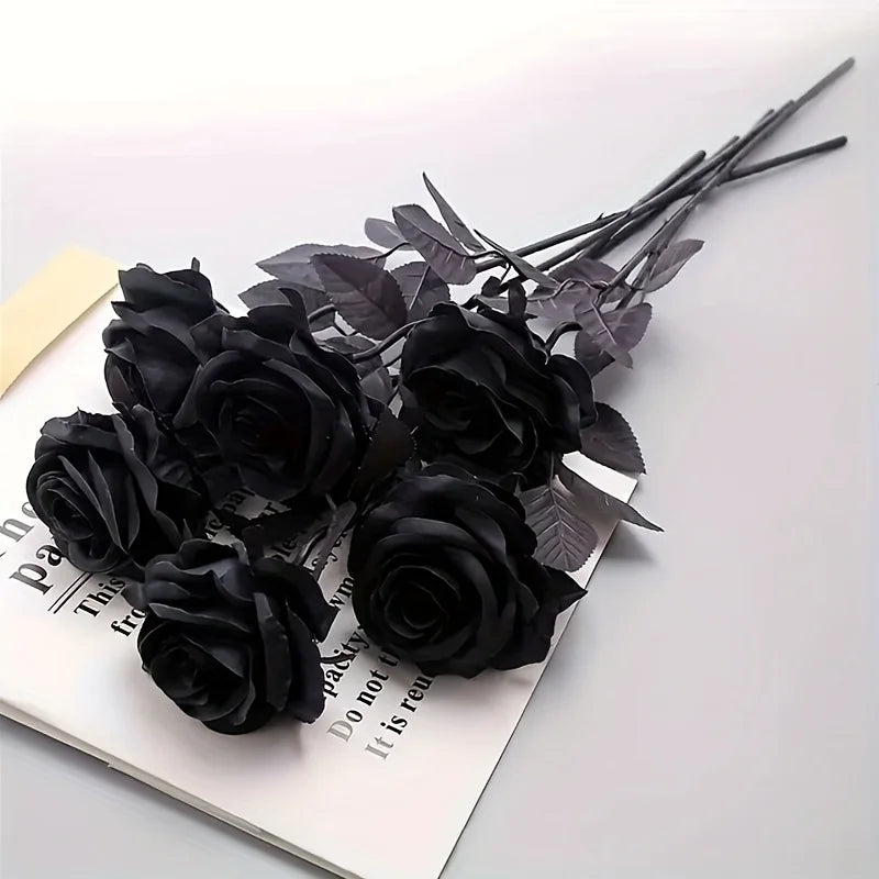 Artificial Black Roses Fake Flowers, Long Stem, with No Container, for Halloween, Home Decor, Wedding Party, Tabletop 2
