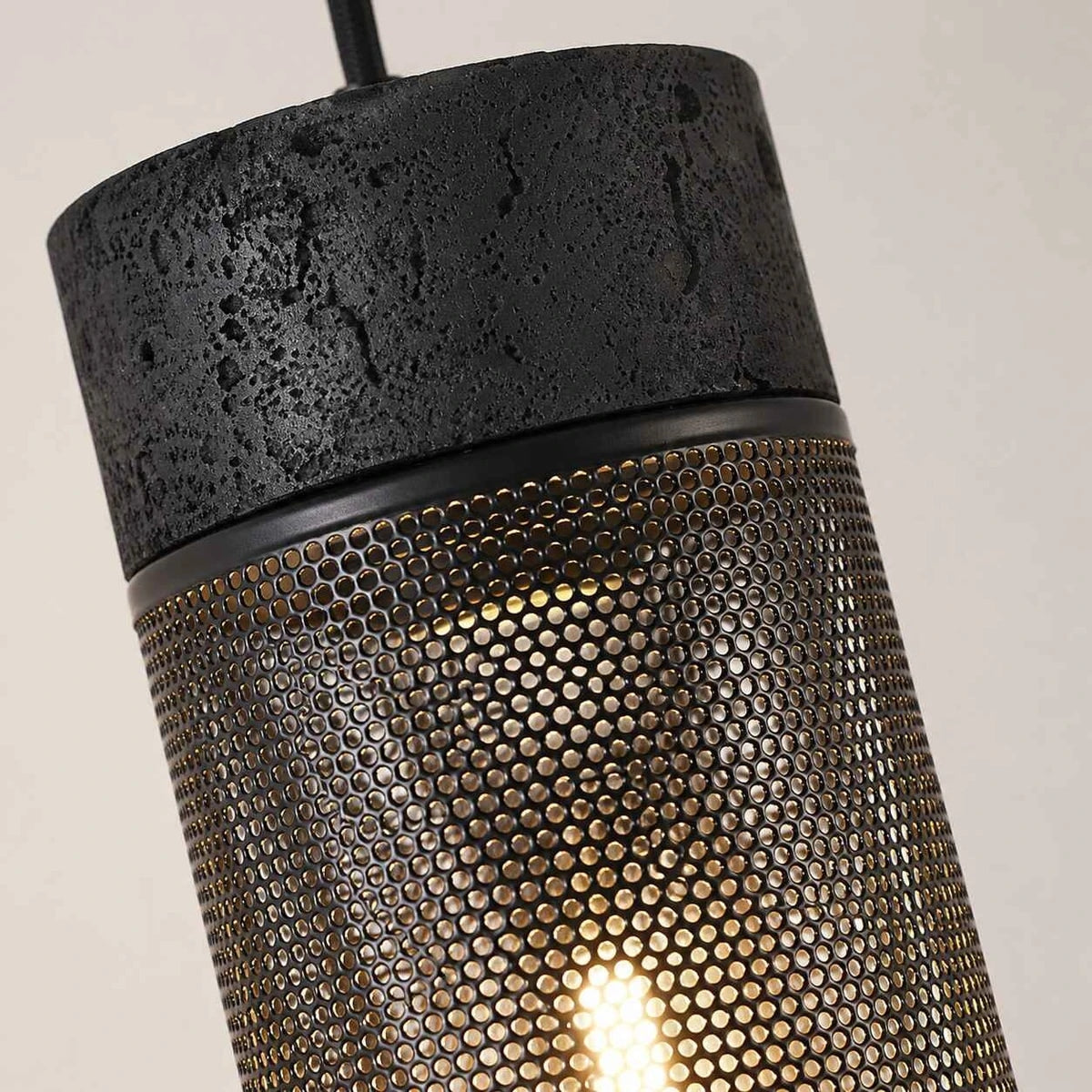 Black Travertine Cylinder Pendant Light with Metal Mesh Shade 6
