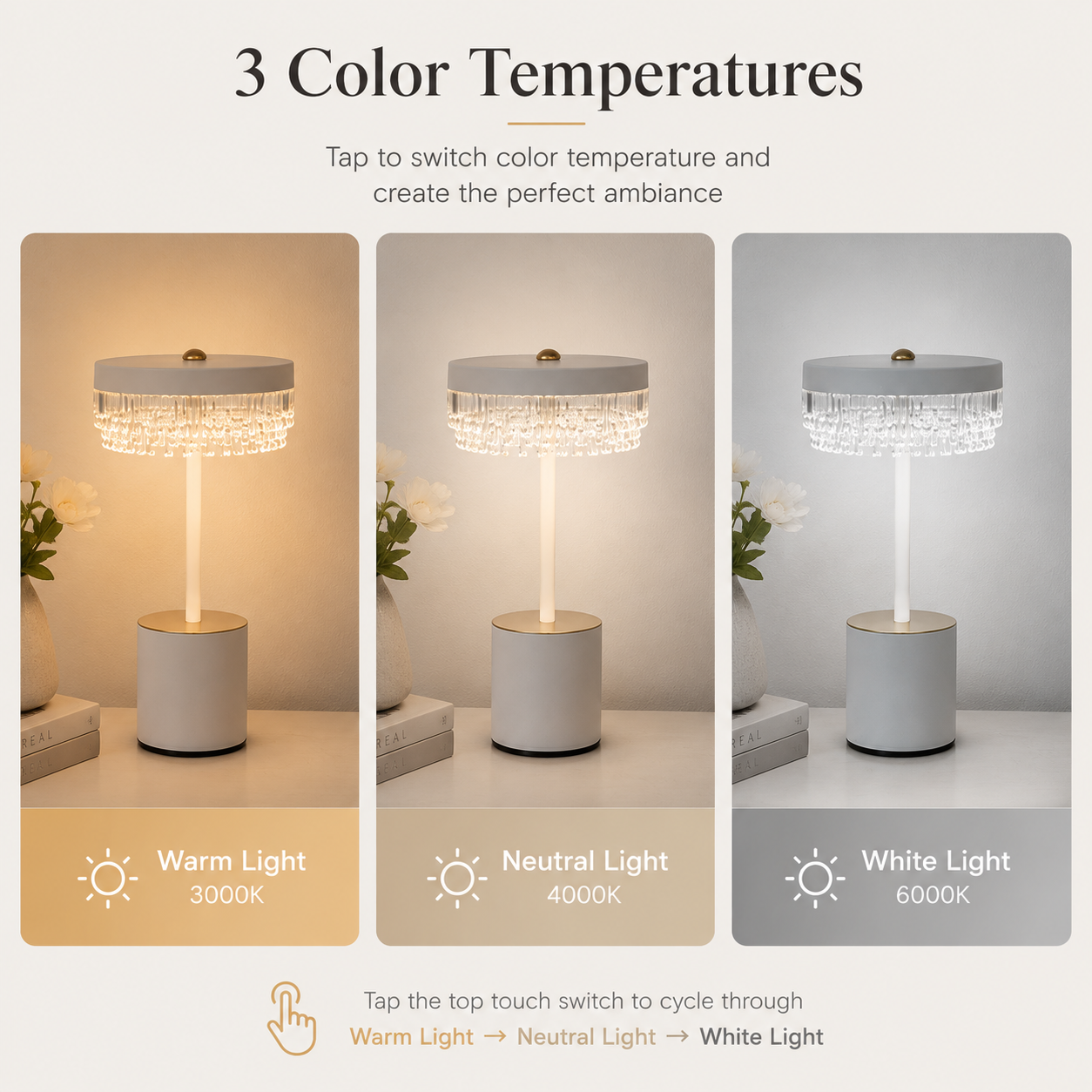 RoyaleGlow Rechargeable Crystal LED Table Lamp - 3-Mode Touch Cordless Bedside Light
