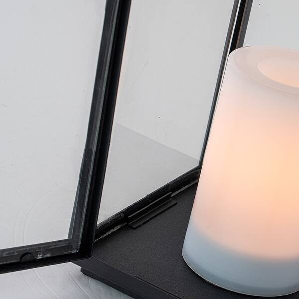 RoyaleGlow 14" Black Outdoor Solar Lantern with Flickering LED Candle & Glass Panels