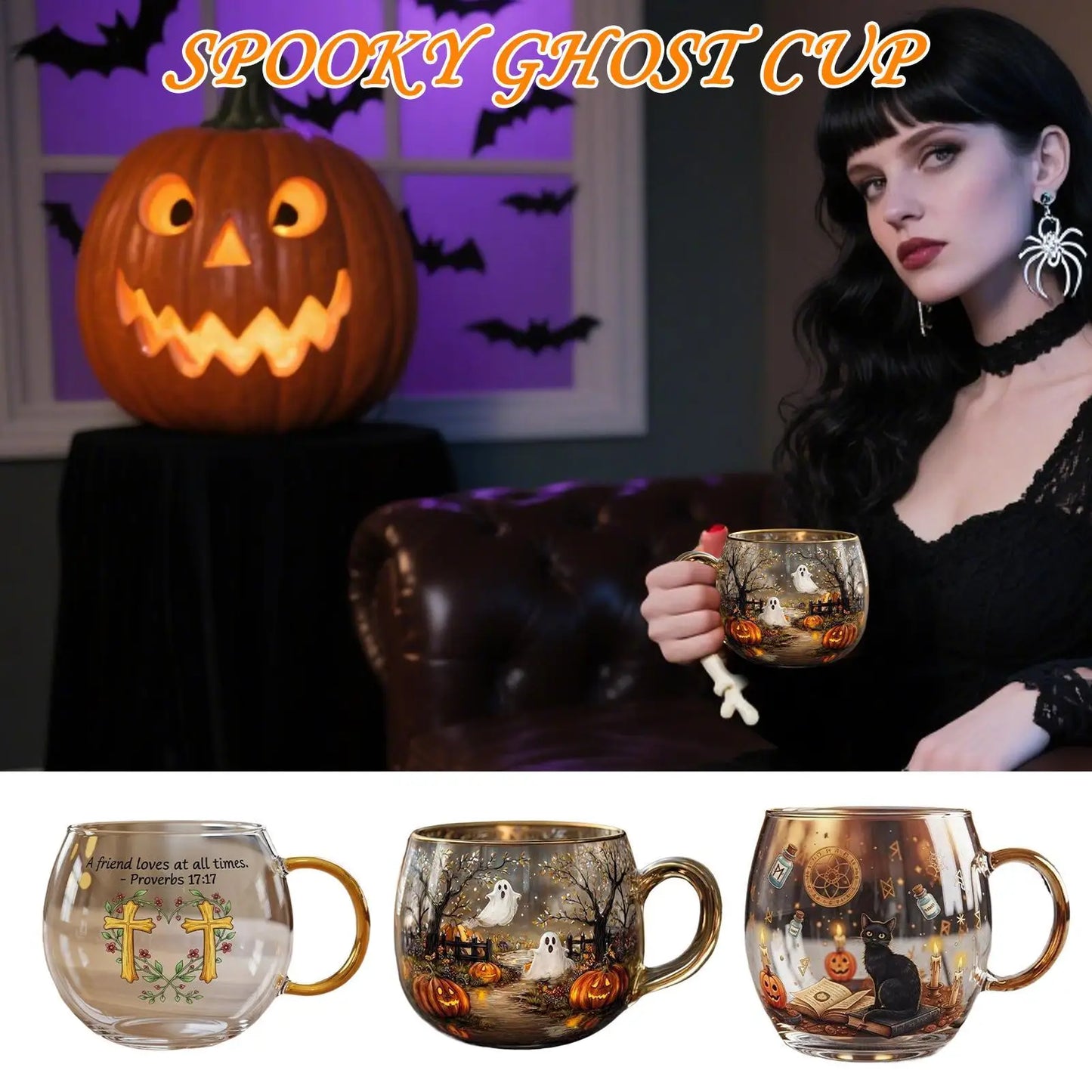 Glass Halloween Cup Glass Spooky Mug Painted Pattern Cute Coffee Mug For Hot Water Tea Cold Drinks Beverage Travel Home Kitchen 1