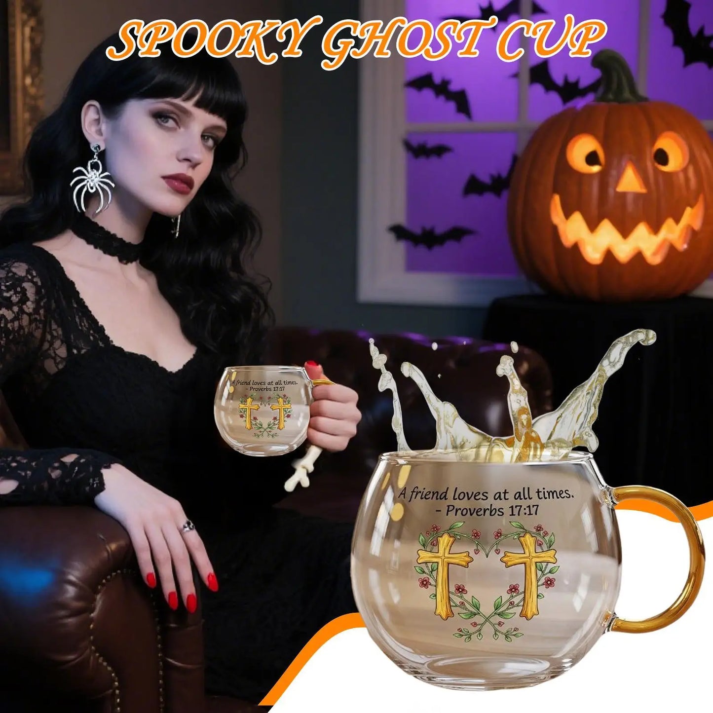 Glass Halloween Cup Glass Spooky Mug Painted Pattern Cute Coffee Mug For Hot Water Tea Cold Drinks Beverage Travel Home Kitchen 3