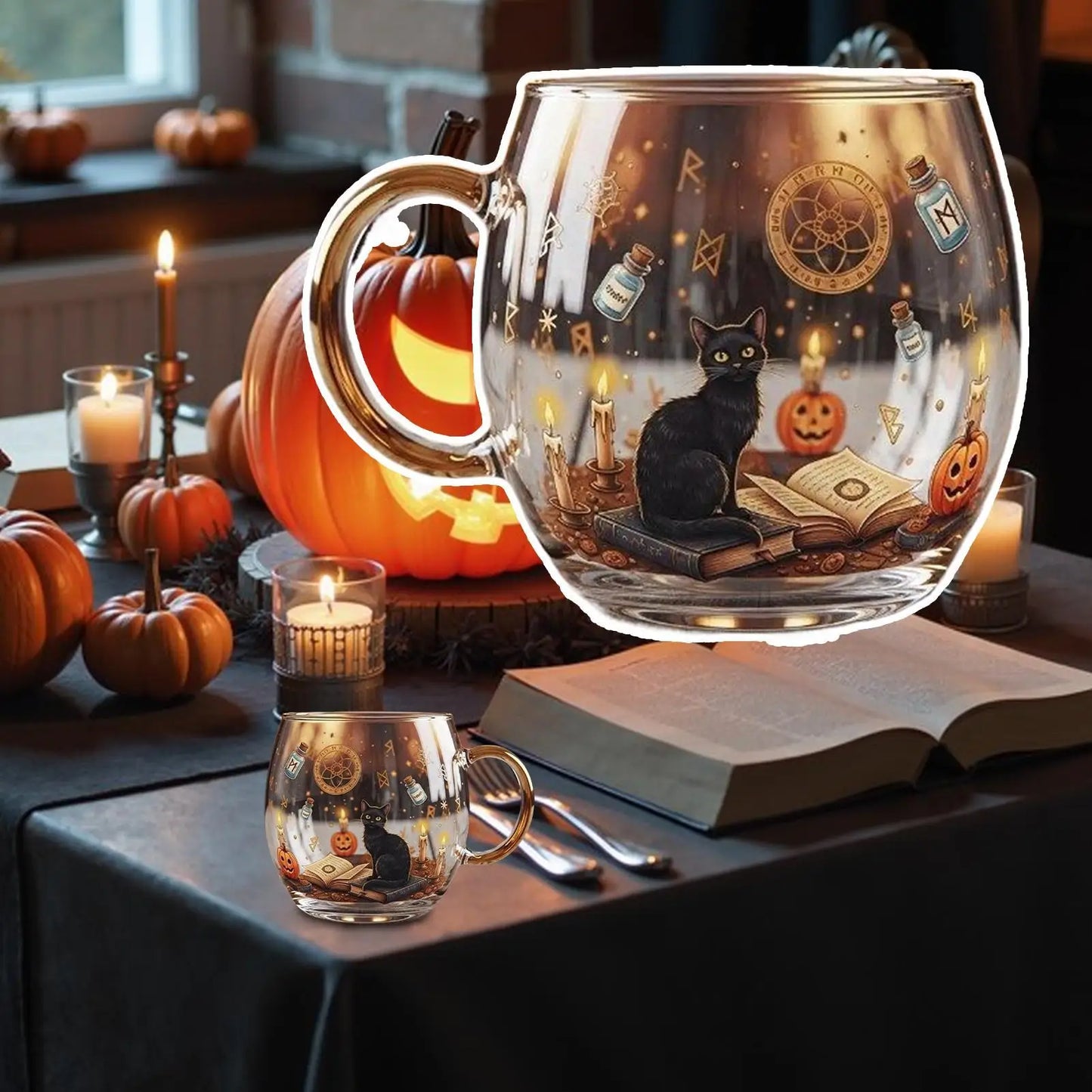 Glass Halloween Cup Glass Spooky Mug Painted Pattern Cute Coffee Mug For Hot Water Tea Cold Drinks Beverage Travel Home Kitchen 4