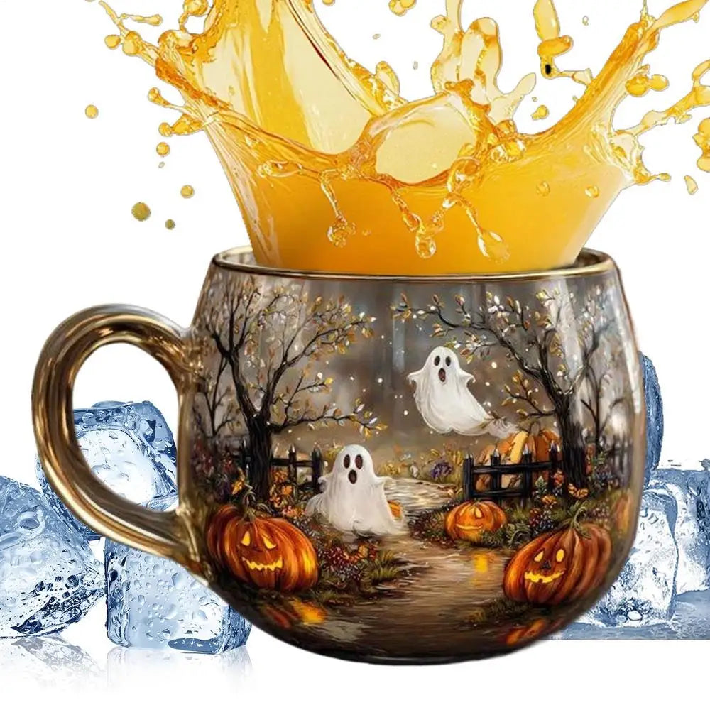 Glass Halloween Cup Glass Spooky Mug Painted Pattern Cute Coffee Mug For Hot Water Tea Cold Drinks Beverage Travel Home Kitchen 6