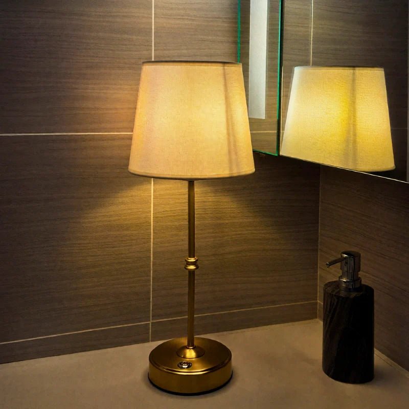 LuxRoyale Rechargeable Table Lamp Brushed Metal Base Soft Fabric Shade