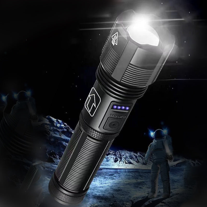 Ultra-bright 90,000-lumen rechargeable LED flashlight with adjustable zoom, 5 light modes, and IPX8 waterproof design. Durable aluminum alloy body, USB charging, and long battery life for outdoor and emergency use.