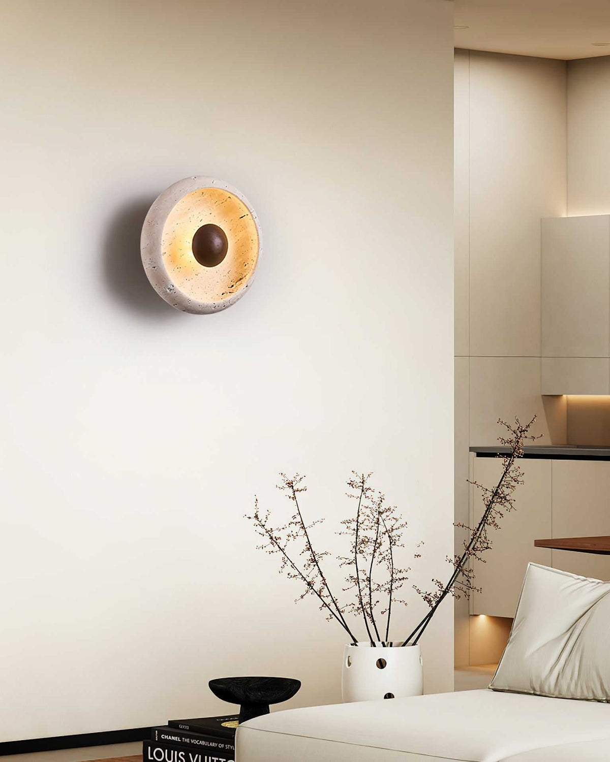 LuxRoyale Round Travertine Wall Lamp Natural Stone Light