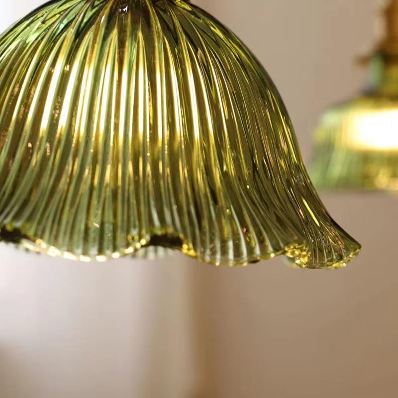 RoyaleGlow Green Ribbed Glass Pendant Light - Vintage Brass Hanging Lamp For Kitchen Island