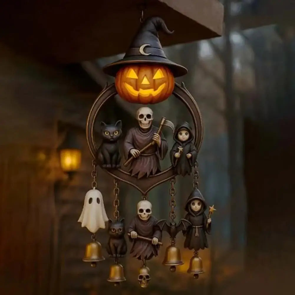 Halloween Gothic Wind Chime Spooky Bell Chime with Pumpkin Lantern Grim Reaper Ghost Black Cat for Home Porch Decoration 1