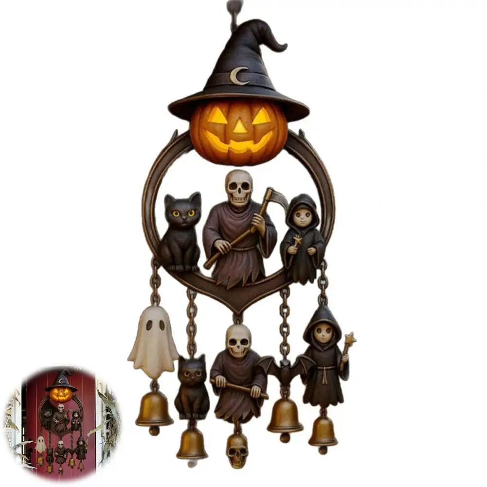 Halloween Gothic Wind Chime Spooky Bell Chime with Pumpkin Lantern Grim Reaper Ghost Black Cat for Home Porch Decoration 2