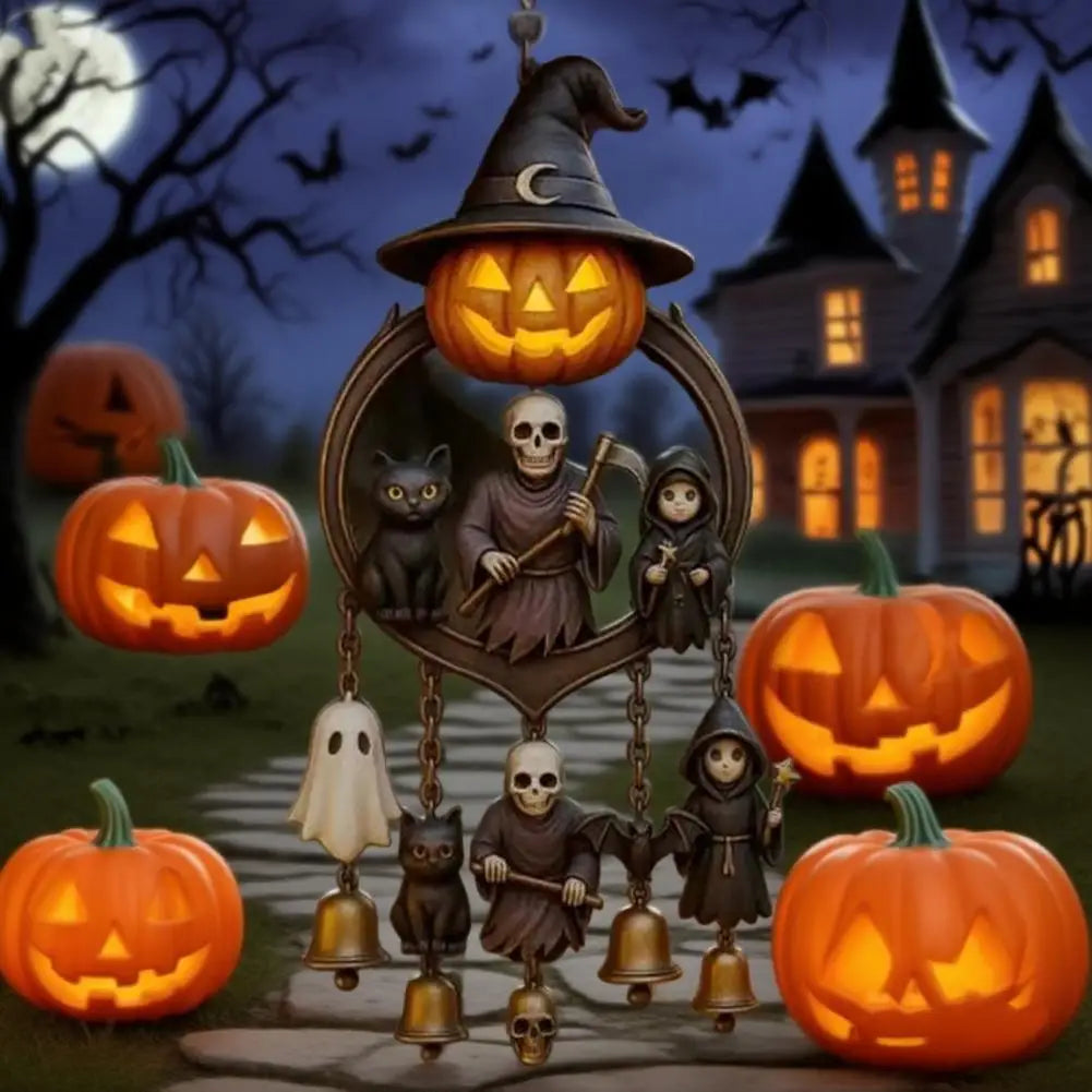 Halloween Gothic Wind Chime Spooky Bell Chime with Pumpkin Lantern Grim Reaper Ghost Black Cat for Home Porch Decoration 3