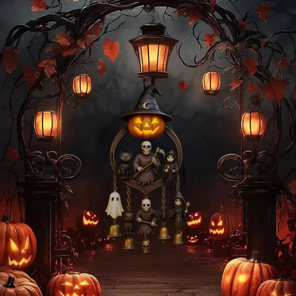 Halloween Gothic Wind Chime Spooky Bell Chime with Pumpkin Lantern Grim Reaper Ghost Black Cat for Home Porch Decoration 4