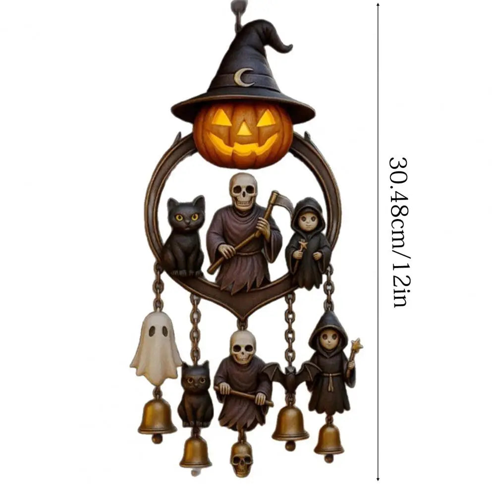 Halloween Gothic Wind Chime Spooky Bell Chime with Pumpkin Lantern Grim Reaper Ghost Black Cat for Home Porch Decoration 5