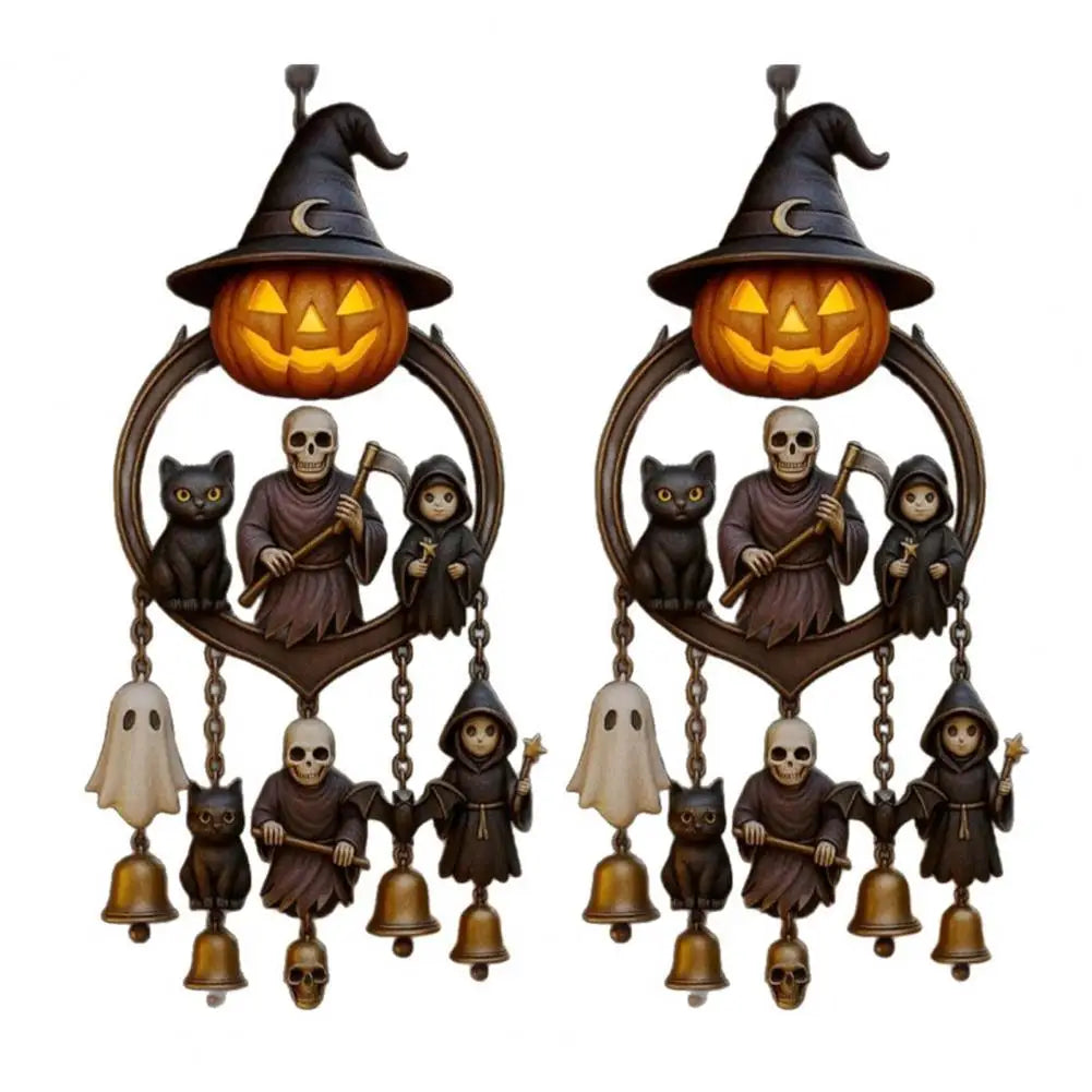 Halloween Gothic Wind Chime Spooky Bell Chime with Pumpkin Lantern Grim Reaper Ghost Black Cat for Home Porch Decoration 6