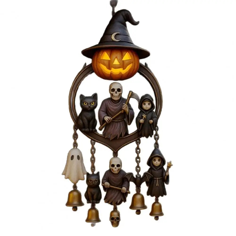 Halloween Gothic Wind Chime Spooky Bell Chime with Pumpkin Lantern Grim Reaper Ghost Black Cat for Home Porch Decoration 7