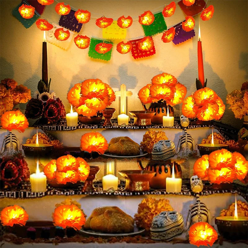Halloween Marigold Garland LED Light String Artificial Marigold Flowers Battery Powered Halloween Lamp Outdoor Party Decorations 2