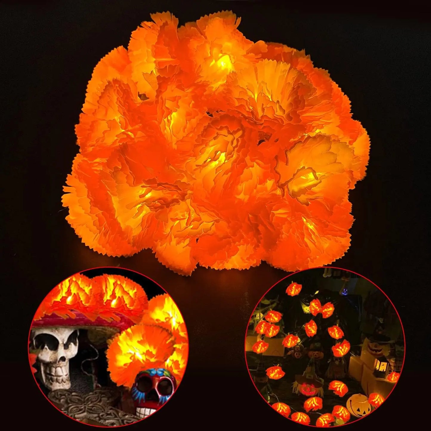 Halloween Marigold Garland LED Light String Artificial Marigold Flowers Battery Powered Halloween Lamp Outdoor Party Decorations 3