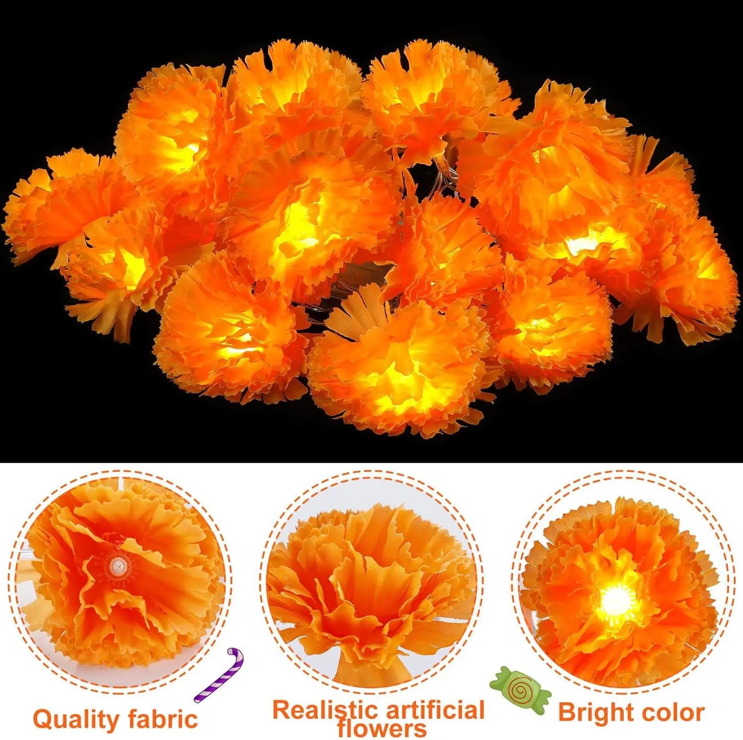 Halloween Marigold Garland LED Light String Artificial Marigold Flowers Battery Powered Halloween Lamp Outdoor Party Decorations 4