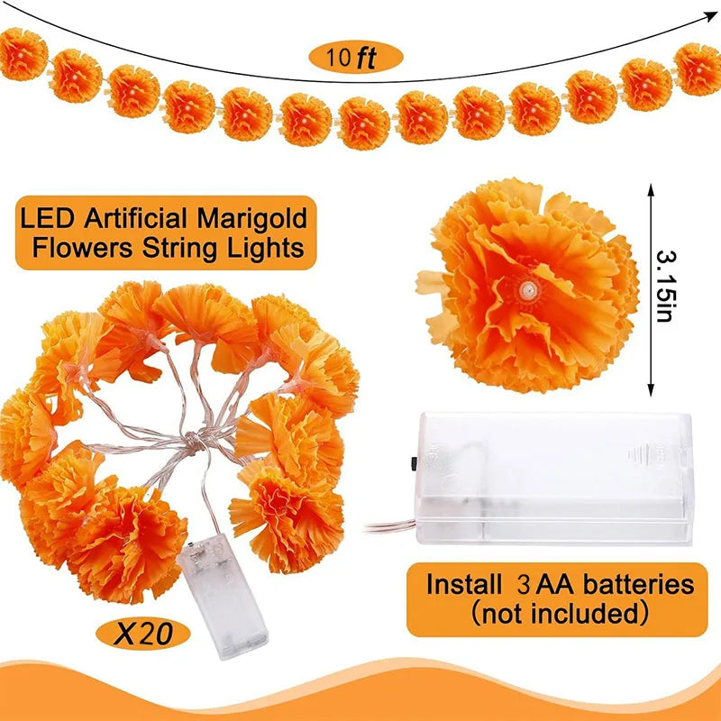Halloween Marigold Garland LED Light String Artificial Marigold Flowers Battery Powered Halloween Lamp Outdoor Party Decorations 6