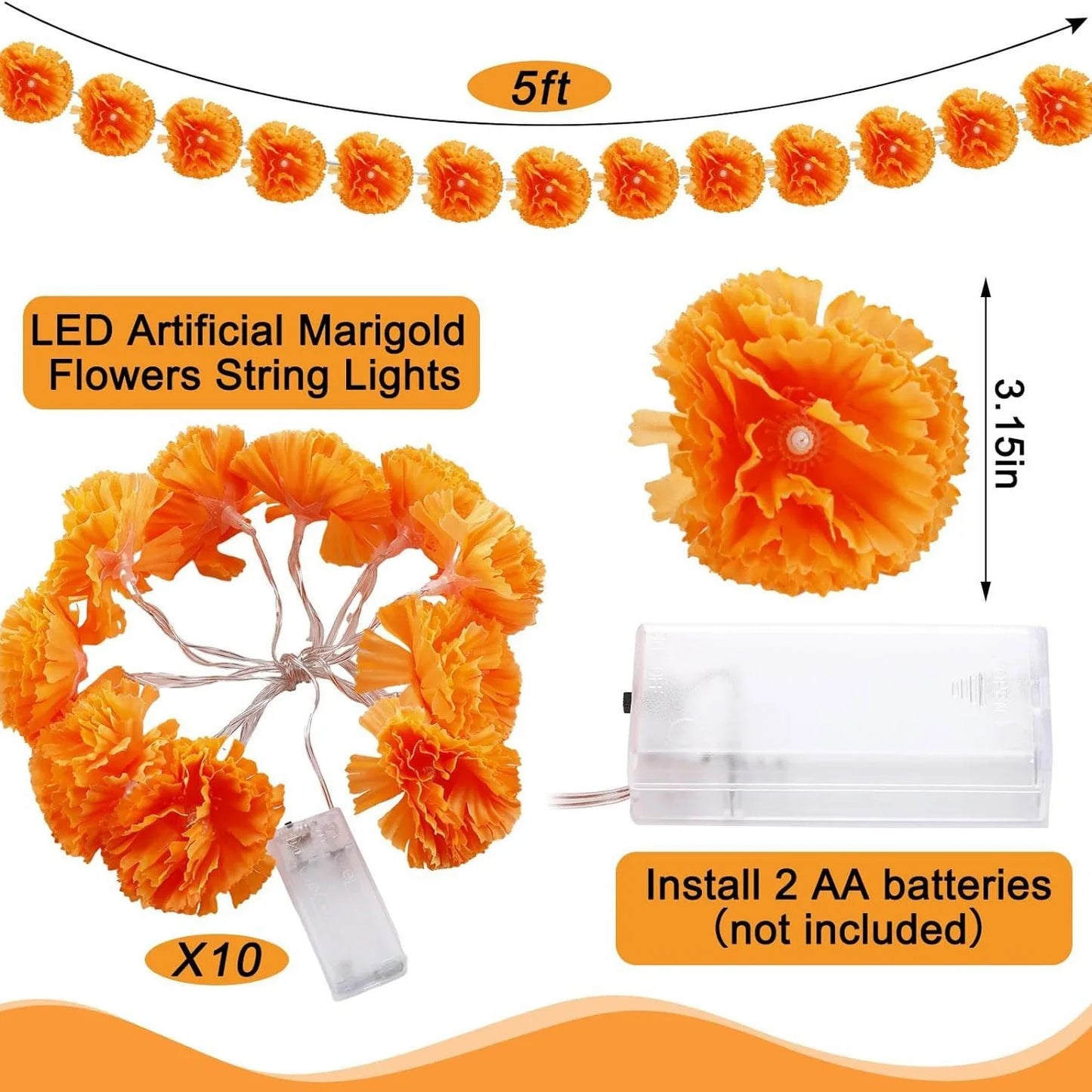 Halloween Marigold Garland LED Light String Artificial Marigold Flowers Battery Powered Halloween Lamp Outdoor Party Decorations 7