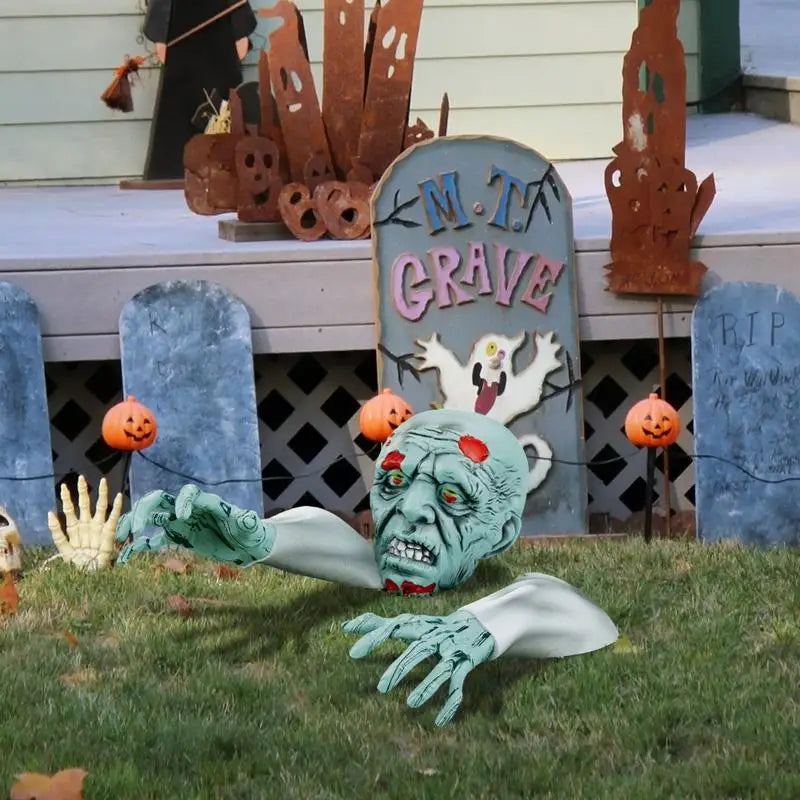 Halloween Stakes Realistic Skeleton Face And Arms Lawn Stakes Realistic Skeleton Stakes Green Skeleton Bone Head And Hands 2