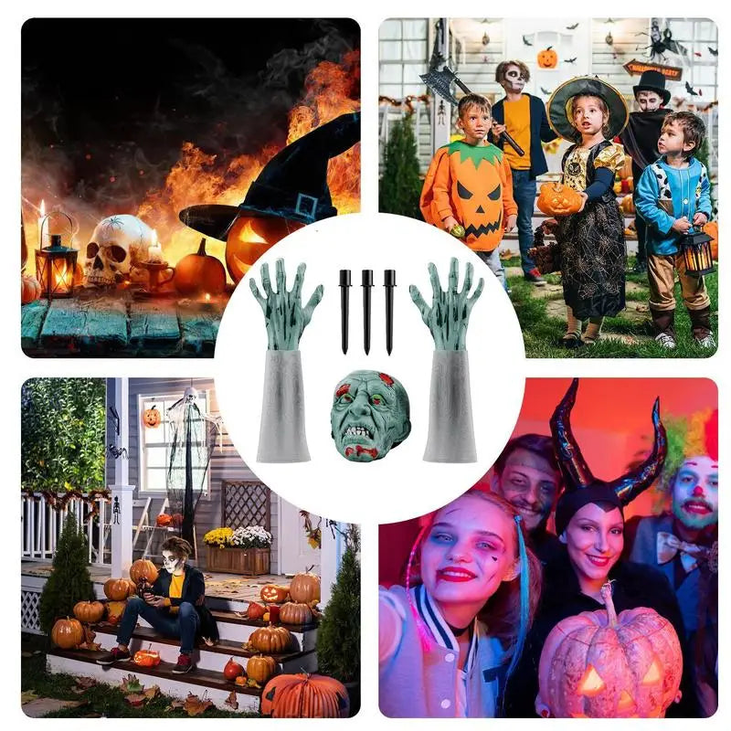 Halloween Stakes Realistic Skeleton Face And Arms Lawn Stakes Realistic Skeleton Stakes Green Skeleton Bone Head And Hands 3