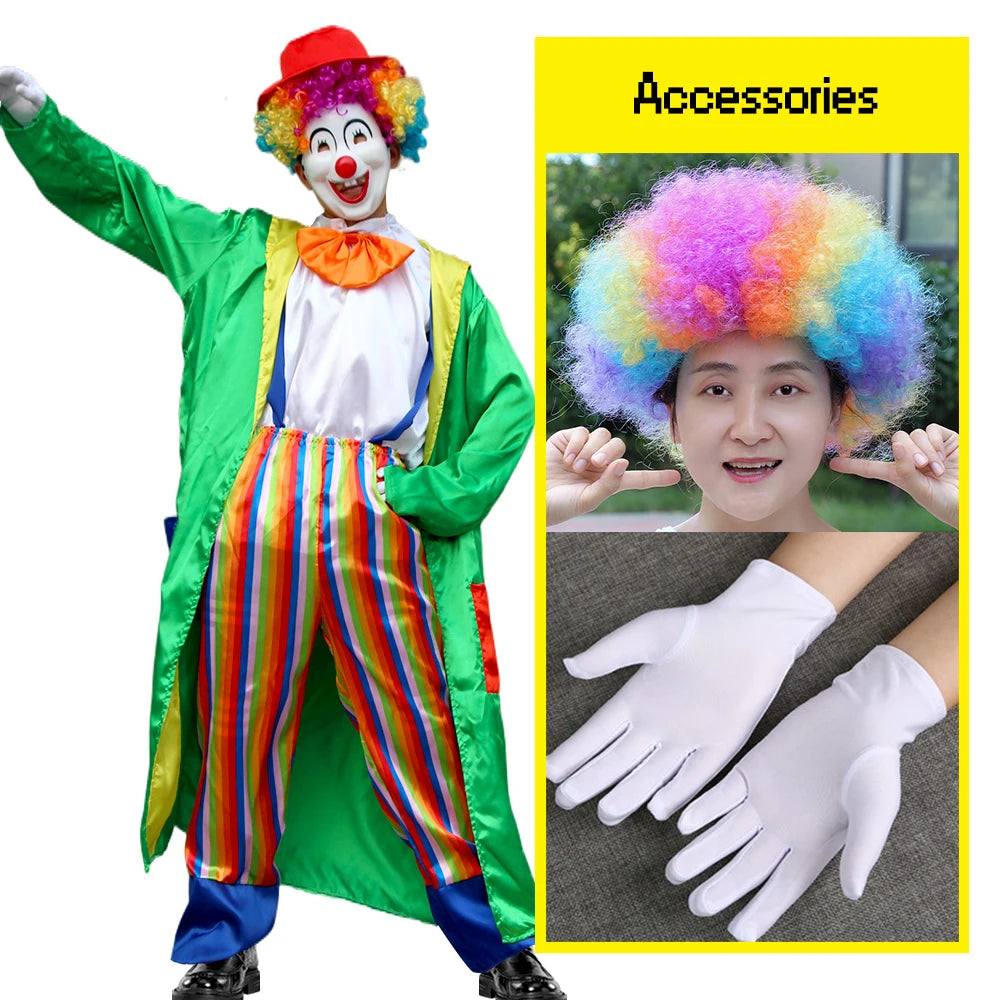 Halloween circus clown costume Stage performance masquerade party Magician adult male costume with hair gloves 7