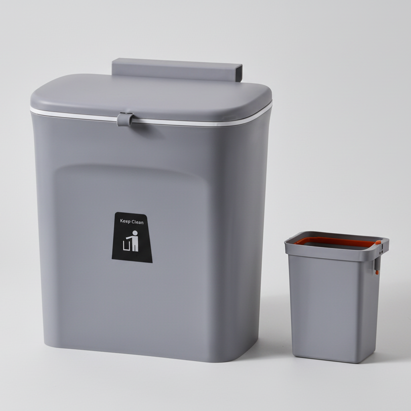 Luxora Hanging Trash Can with Lid - Easy Mount One Click Empty Kitchen Waste Bin