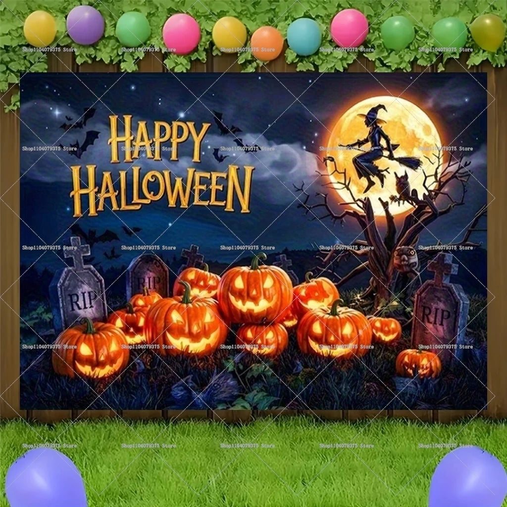 Happy Halloween Evil Witch Bat Black Cat Castle Photography Background Photo Decoration Supplies Home Party Celebration Banner 1