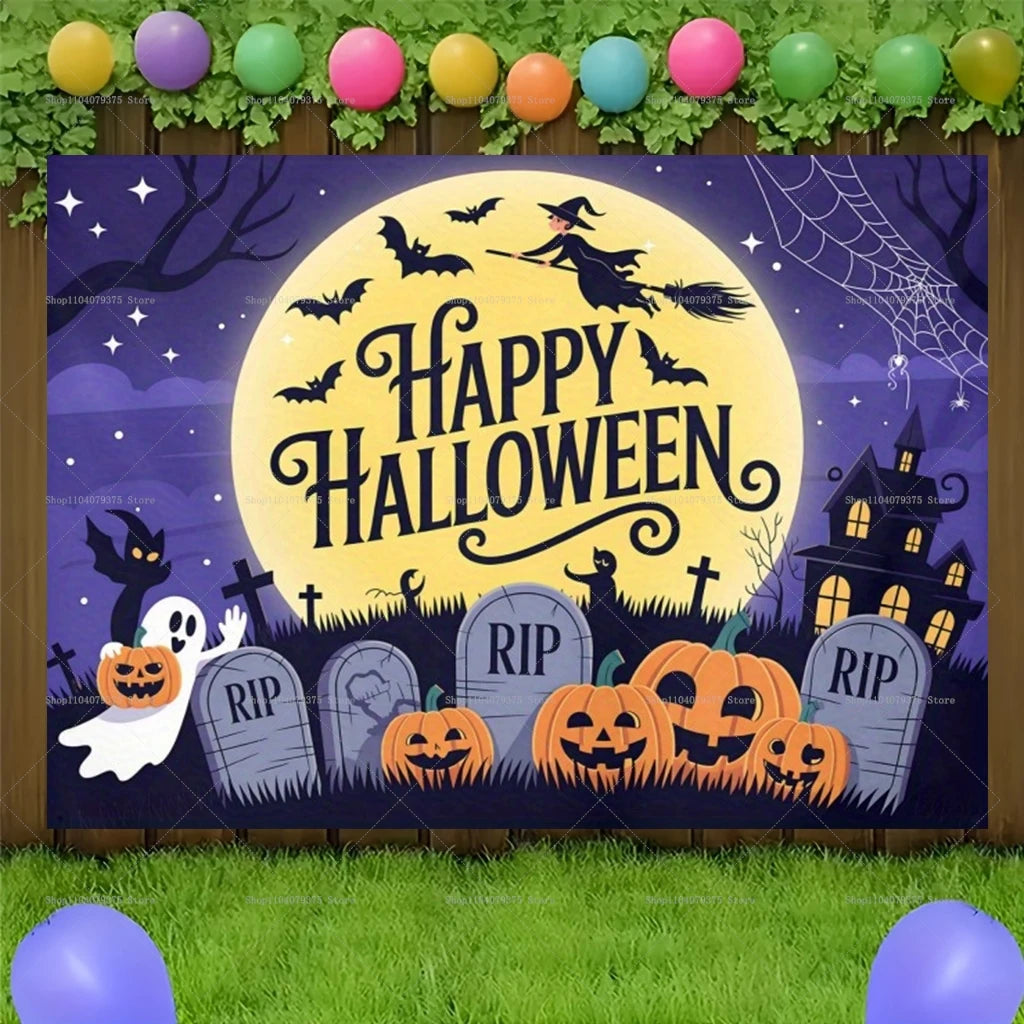Happy Halloween Evil Witch Bat Black Cat Castle Photography Background Photo Decoration Supplies Home Party Celebration Banner 12