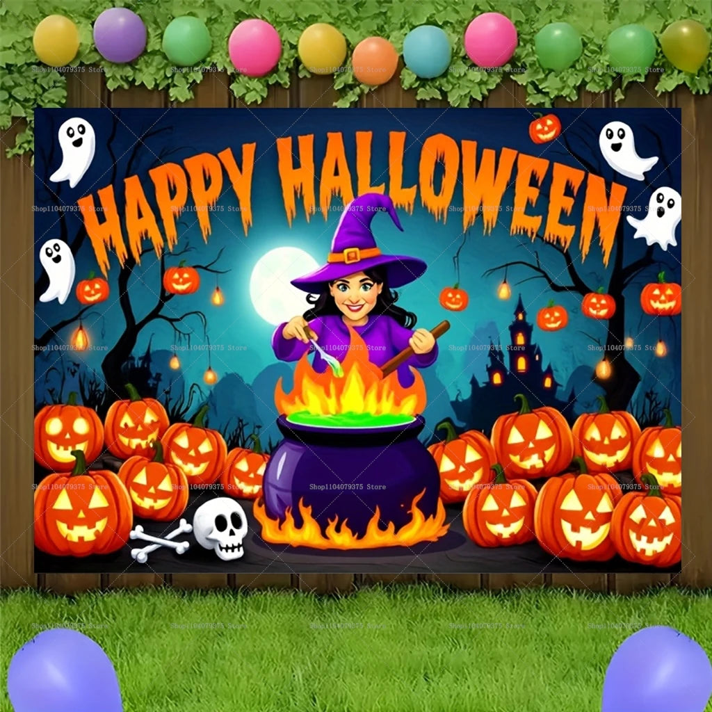 Happy Halloween Evil Witch Bat Black Cat Castle Photography Background Photo Decoration Supplies Home Party Celebration Banner 13