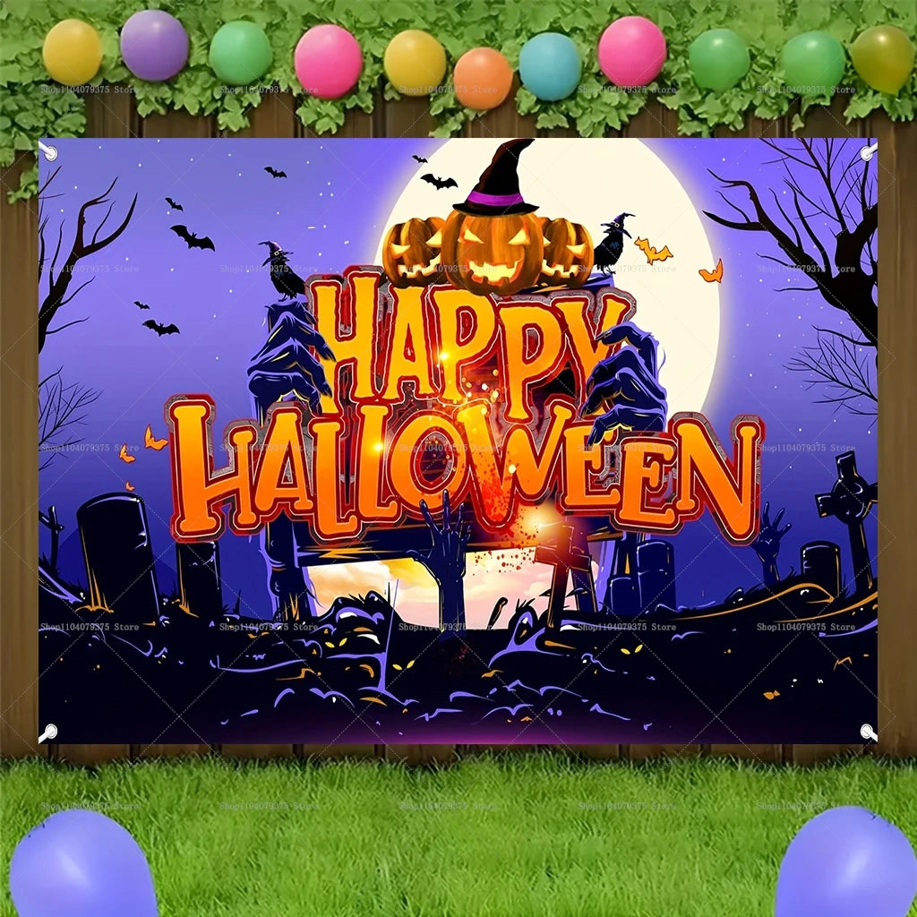 Happy Halloween Evil Witch Bat Black Cat Castle Photography Background Photo Decoration Supplies Home Party Celebration Banner 15