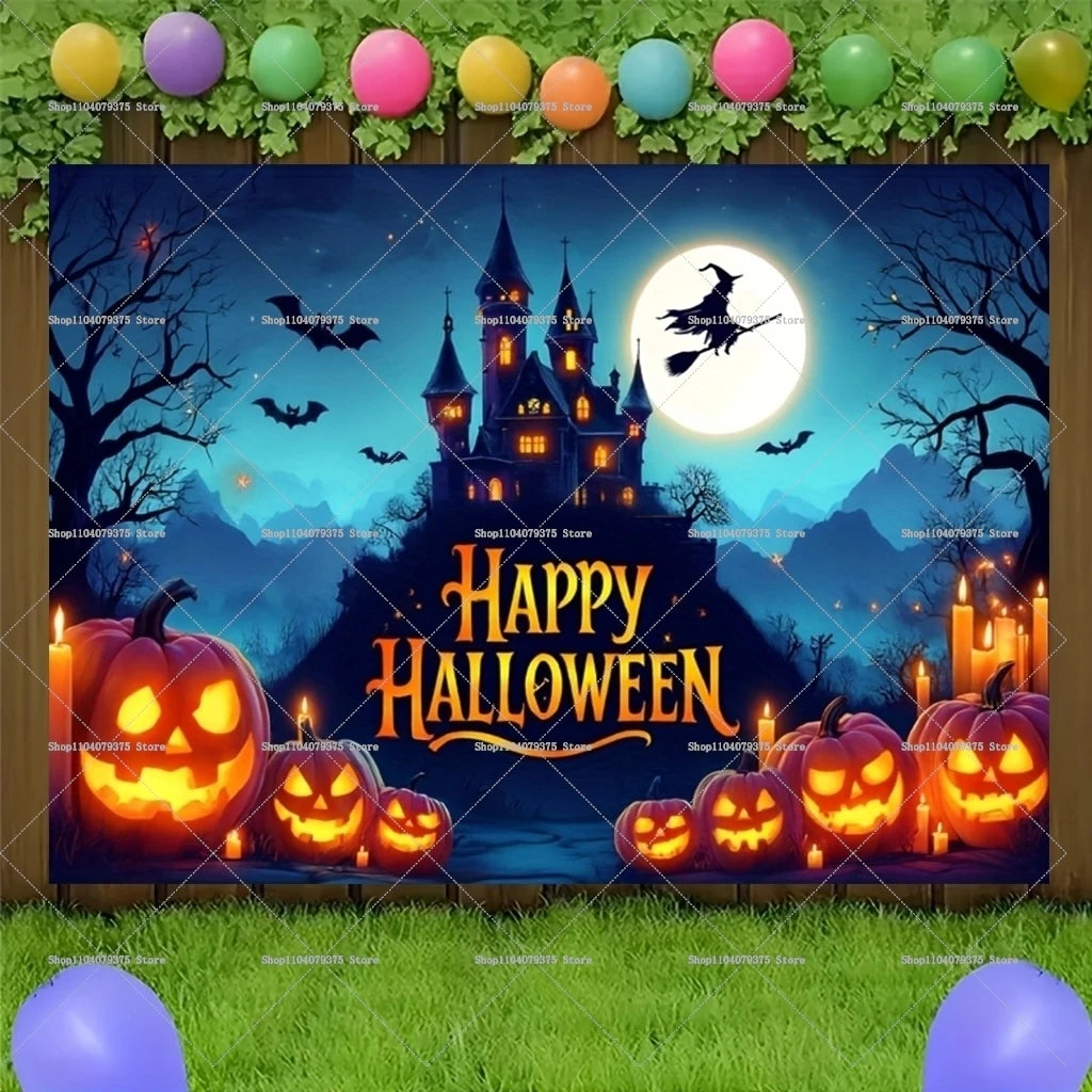 Happy Halloween Evil Witch Bat Black Cat Castle Photography Background Photo Decoration Supplies Home Party Celebration Banner 2