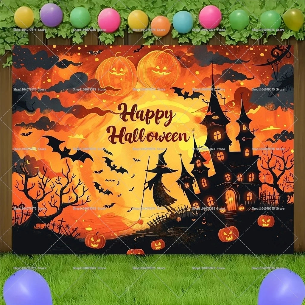 Happy Halloween Evil Witch Bat Black Cat Castle Photography Background Photo Decoration Supplies Home Party Celebration Banner 3